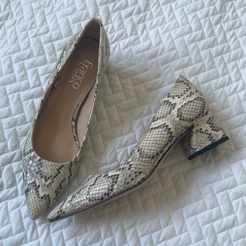 Franco Sarto Cream and Black Snakeskin Heels